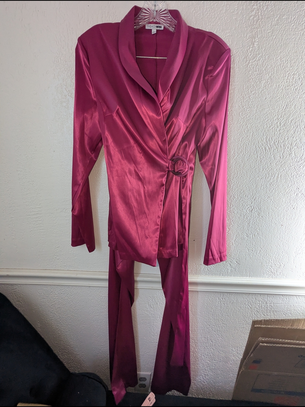Fashion Nova Pink Satin Wrap Pantsuit